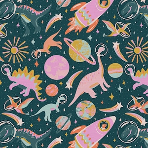 May include: A teal blue background with a repeating pattern of dinosaurs, planets, stars, rockets, and comets. The dinosaurs are pink, green, and brown. The planets are pink, yellow, and blue. The stars are yellow. The rockets are pink and white. The comets are rainbow colored.