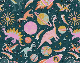 Dinos in Space Sweet - Dino Daydreams - Iris + Sea - Paintbrush Studio Fabric 100% Quilters Cotton