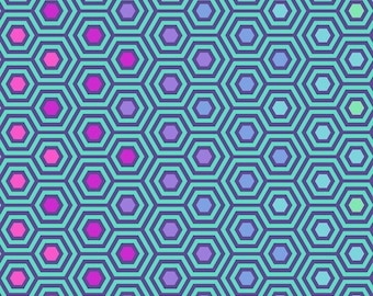 May include: Abstract geometric pattern with a repeating hexagonal design. The hexagons are outlined in purple and filled with a gradient of pink, purple, and blue.