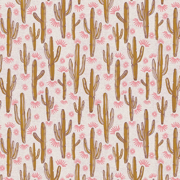 Dancing Saguaro Cactus Gold Pink - Saguaro Searching Saltgrass -  Western Wildflower Studio - Paintbrush Studio Fabric 100% Quilters Cotton