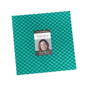 May include: A square piece of teal fabric featuring a repeating pattern of small, dark green clover shapes. A rectangular label is centered on the fabric, displaying the text "moda", "Scenery by Elizabeth Hartman", and "moda FABRICS + SUPPLIES".