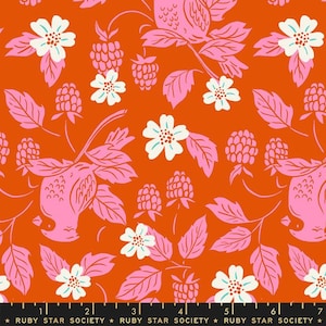 Könnte beinhalten: Ein sich wiederholendes Muster aus rosa Vögeln, weißen Blumen und rosa Himbeeren auf orangefarbenem Hintergrund. Das Muster ist ein stilisiertes Design mit einem Vintage-Flair.