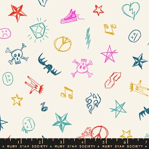 Puede incluir: Un fondo blanco con un patrón repetitivo de garabatos dibujados a mano de colores. Los garabatos incluyen estrellas, calaveras, signos de paz, notas musicales, rayos, corazones y otras formas abstractas.