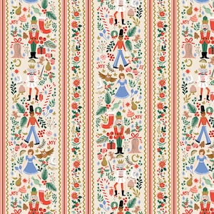 Puede incluir: Un patrón festivo con temática navideña con rayas verticales sobre un fondo crema. El diseño incluye cascanueces, hombres de jengibre y elementos florales en rojo, verde y dorado. La palabra "JOY" está dispersa.