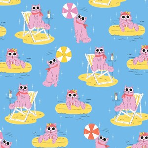 May include: A repeating pattern featuring pink cats wearing sunglasses and scarves, relaxing on beach chairs and inflatable rafts. Beach balls and drinks are also present on a light blue background.