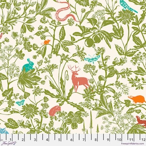 May include: A white background with a green, red, orange, and blue floral pattern. The pattern includes a deer, a rabbit, a snake, a butterfly, a bird, and a mouse. The pattern is repeated throughout the image.