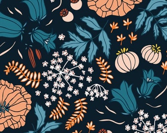 May include: A dark blue fabric with a repeating pattern of orange, white, and teal flowers, leaves, and stems.
