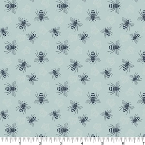 May include: A seamless pattern featuring a repeating design of blue bees on a light blue background. The bees are drawn in a vintage style and have a black and white striped pattern.