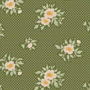Peut inclure: Un motif sans couture avec des pois blancs sur un fond vert. Des grappes de fleurs crème avec des centres jaunes et des feuilles vertes sont dispersées sur la surface, créant un motif floral.