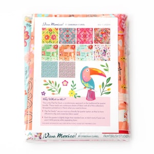 May include: A colorful fabric bundle with a toucan illustration. The fabric features a variety of patterns inspired by Mexican culture. The text on the back reads "¡Viva Mexico!" by Deborah Curiel and "Flat Fat Stack".