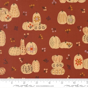 Pode incluir: Um tecido cor de ferrugem com um padrão repetitivo de abóboras creme decoradas com vários desenhos florais, geométricos e inspirados em colchas, intercaladas com pequenas flores, com uma régua que mostra 7 polegadas.