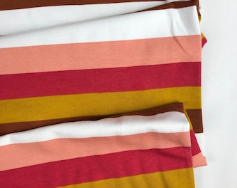 French Terry KNIT - Stripe Brown Yellow Pink - Cotton Spandex French Terry Knit 95/5 - European Import - 4 way stretch