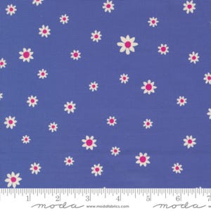 May include: A blue fabric with a white daisy pattern. The daisies have pink centers.