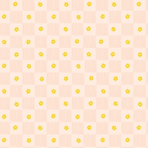 May include: A repeating pattern featuring a grid of light peach squares with vertical lines, each square containing a yellow five-petal flower. The design is simple and cheerful, suitable for various applications.