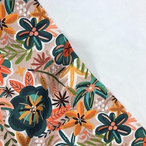May include: A beige fabric with a colorful floral pattern. The pattern features teal, orange, yellow, and brown flowers and leaves.