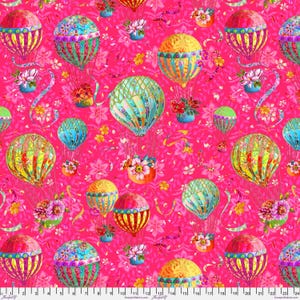 May include: A vibrant, repeating pattern featuring colorful hot air balloons with floral baskets against a bright pink floral background. The balloons are in shades of red, yellow, blue, and green, creating a whimsical and cheerful design.