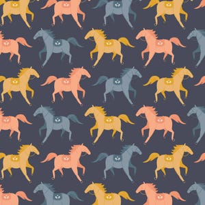 May include: A repeating pattern featuring stylized horses in yellow, peach, and blue on a dark blue backdrop. Each horse has a saddle and is shown in a running pose. The design creates a playful and whimsical effect.
