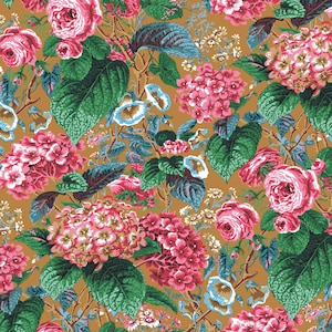 Rose and Hydrangea Ochre - Kaffe Fassett Collective Primavera 2019 - Tecido Kaffe Fassett - PWPJ097 - 100% algodão Quilters OOP