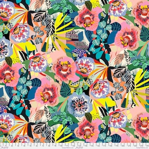 May include: A colourful floral pattern with large, stylised flowers in pink, blue, and yellow. The design includes various leaf shapes and abstract elements, creating a dynamic composition. The background is a soft pink, enhancing the vivid colours of the floral elements.