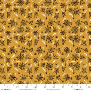 May include: A seamless pattern featuring black spiderwebs and small spiders on a mustard yellow background. The pattern also includes small white and pink floral sprigs.