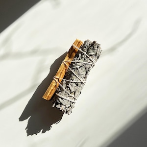 May include: A bundle of white sage smudge stick tied with twine and wrapped around a piece of palo santo wood.
