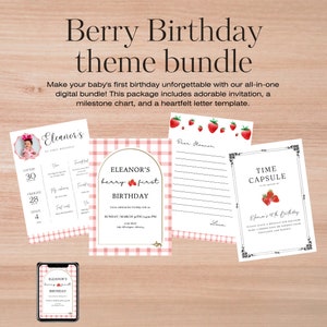 Bundel eerste verjaardag Berry | Afdrukbare sjabloon aardbeiroze thema voor meisje 1e verjaardag | Digitale download-uitnodiging voor feest