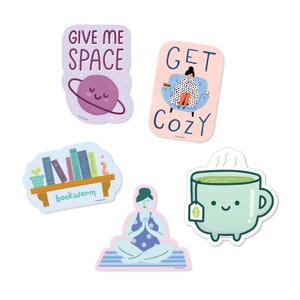 Introvert Sticker Pack | Vinyl Decal Stickers for Laptops, Planners and Water Bottles | Give Me Space | Get Cozy | Bookworm | Yoga | Tea