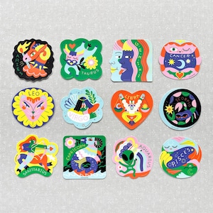 Calcomanía de vinilo del zodiaco / Calcomanía de astrología / 12 signos del zodiaco / Ilustraciones divertidas y lindas / Calcomanías para computadoras portátiles, agendas y botellas de agua