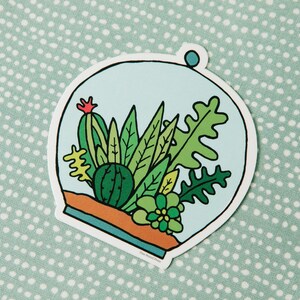 May include: A sticker of a glass dome with a variety of green plants inside. The plants are drawn in a cartoon style and include a cactus, succulents, and ferns. The dome is outlined in black and has a blue background.