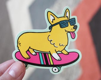 Skateboarding Corgi Dog Vinyl Sticker | Decals for Laptop, Planners, and Water Bottles