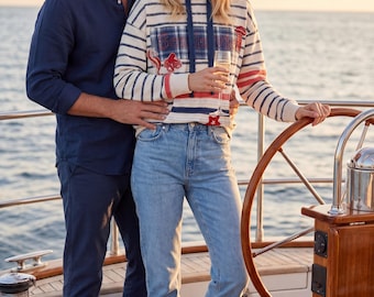 Nautical Striped Hoodie, Sea Life Patchwork, Coastal Cottagecore Pullover