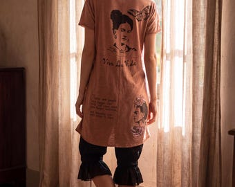 Boho grafische tuniekjurk, romantische oversized T-shirtjurk, artistieke Cottagecore-jurk, Viva La Vida-tuniek