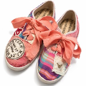 Patchwork Canvas Sneakers, Cottagecore Lace Up Shoes, Pastel Watercolor Design