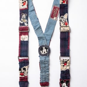 Handmade Mickey Mouse Patchwork Suspenders, Boho Folk Art Textile Braces
