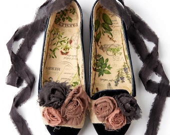 Handmade Velvet Ballet Flats with Fabric Roses, Romantic Floral Ballet Shoes
