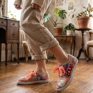 Patchwork Canvas Sneakers, Cottagecore Lace Up Shoes, Pastel Watercolor Design