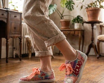 Patchwork Canvas Sneakers, Cottagecore Lace Up Shoes, Pastel Watercolor Design