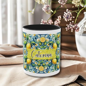Custom Name Mug Gift, Italian Lemon Tile Mug, Mediterranean Coffee Cup, Lemon Lover Cup, Italian Tile Mug