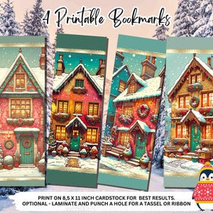 Könnte beinhalten: Vier druckbare Lesezeichen mit Illustrationen von charmanten, schneebedeckten Häusern mit roten, grünen und weißen Akzenten. Der Text "4 Printable Bookmarks" befindet sich oben im Bild. Der Text "PRINT ON 8.5 X 11 INCH CARDSTOCK FOR BEST RESULTS. OPTIONAL - LAMINATE AND PUNCH A HOLE FOR A TASSEL OR RIBBON" befindet sich unten im Bild.