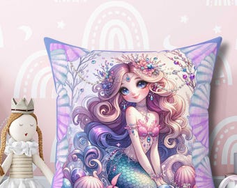 Mermaid Pillow, Decor Gift, Cushion for Mermaid Lover, Home Decor Lover, Decoration Kids Bedroom - Square Pillow Pastell, Gift for Girls her