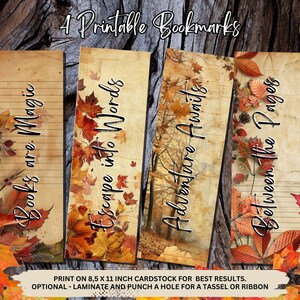 Könnte beinhalten: Vier druckbare Lesezeichen mit herbstlichen Designs. Jedes Lesezeichen zeigt einen einzigartigen Satz: „Books are Magic“, „Escape into Words“, „Adventure Awaits“ und „Between the Pages“. Die Lesezeichen sind mit Herbstblättern und einer Vintage-Papierstruktur verziert.