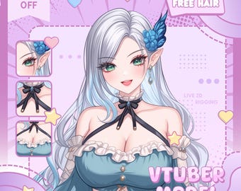 May include: Digital illustration of a VTuber model with long silver hair and blue highlights. The character has green eyes, pointed ears, and is wearing a blue top with a black bow. The image includes text that says "70% OFF" and "FREE HAIR".