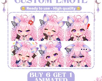 May include: A set of six digital custom emotes featuring a pink-haired character with animal ears and butterfly hair accessories. The character displays various expressions including anger, joy, surprise, and confusion, with text reading CUSTOM EMOTE.