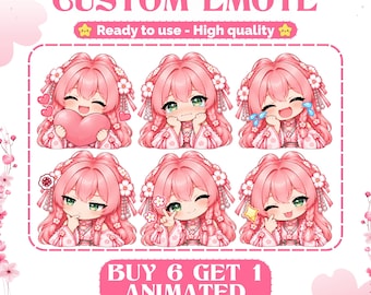 Könnte beinhalten: Ein Set aus sechs digitalen Emotes, die eine Figur mit rosa Haaren und Blumen-Accessoires in verschiedenen Ausdrücken zeigen, darunter mit einem Herz, weinend und zwinkernd. Der Text lautet CUSTOM EMOTE, Ready to use - High quality und BUY 6 GET 1 ANIMATED.