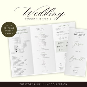 May include: A wedding program template with a crossword puzzle, menu, and guest information. The program is fully editable in Canva. The program is titled "Wedding Program Template" and features the text "Welcome to the Wedding of Jessie and Barrett".