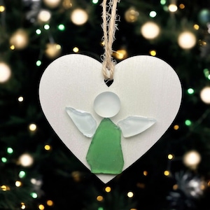 Scottish Sea Glass Guardian Angel Hanging Heart, Christmas Sea Glass Ornament, Ornaments Christmas Tree, Sea Glass gift, Angel