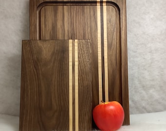 Made In Maine “The Home Chef” set of 2 walnut cutting boards. Large grooved 11”x 15” and 7 1/2” x 10”