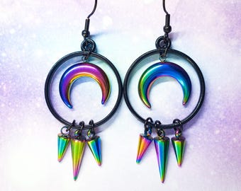 Boucles d'oreilles mystiques lune noire avec pointes irisées - Bijoux gothiques punk hypoallergéniques faits main