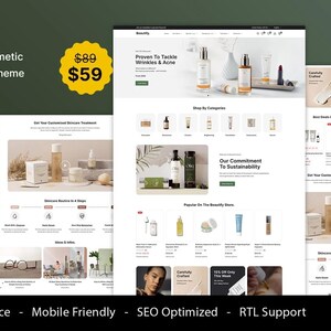 Puede incluir: Una vista previa digital del tema Beautify de Shopify para tiendas de belleza y cosmética. El diseño muestra categorías de productos, artículos de cuidado de la piel y banners promocionales. Incluye diseño responsivo, interfaz móvil y optimización SEO.