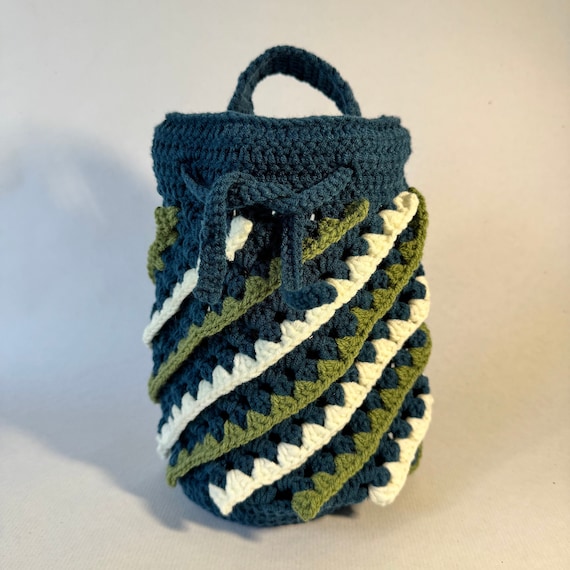 Handmade Crochet Grab Bag: Blue Green Acrylic Yarn Bucket Bag